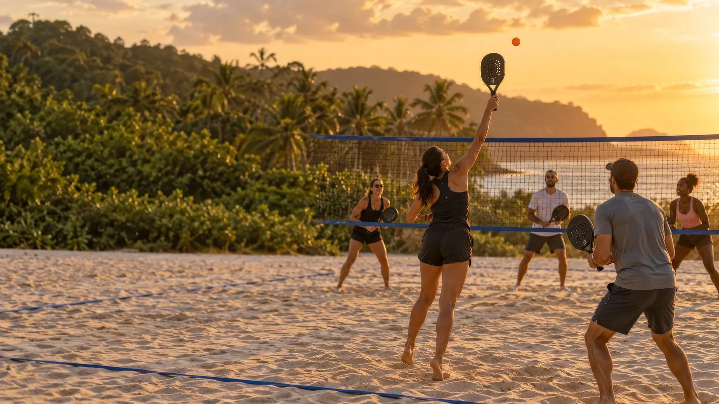 Turma de beach tennis em aula numa quadra de areia no fim de tarde, com rede alta e bola laranja no ar.