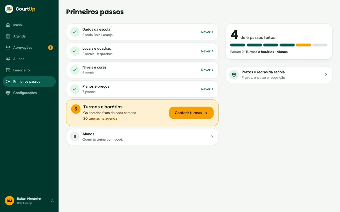Tela do CourtUp no computador: os primeiros passos da escola, com a importação da planilha no começo.
