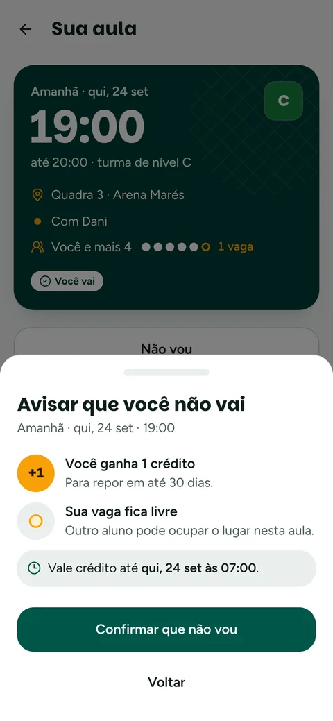 Tela do CourtUp: o aluno avisa que não vai à aula e ganha um crédito para repor.